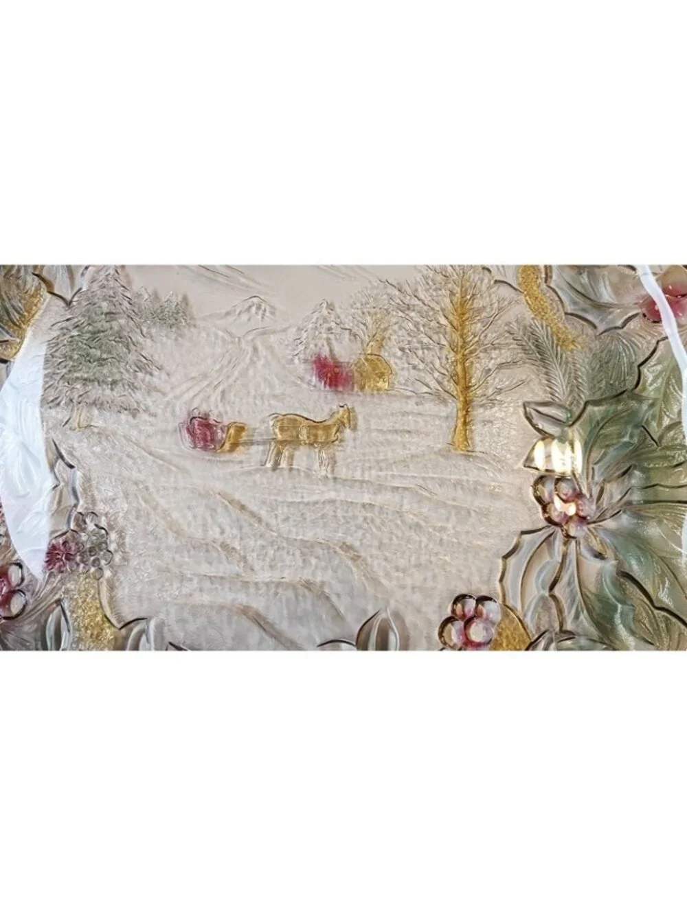 Christmas Serving Platter Plate Vintage Heavy Glass Tray Holly Winter Scene